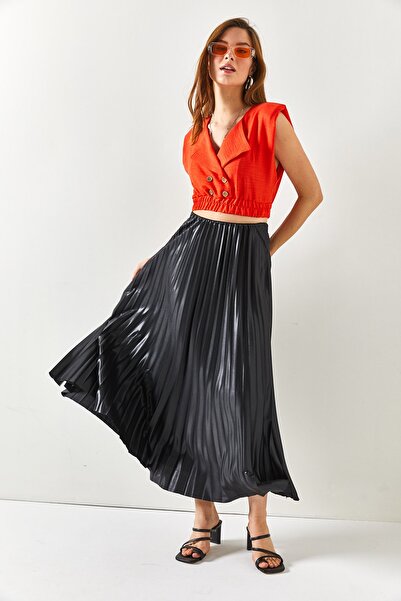 Olalook Γυναικεία μίντι φούστα καμπάνα μαύρη πλισέ ETK-19000247