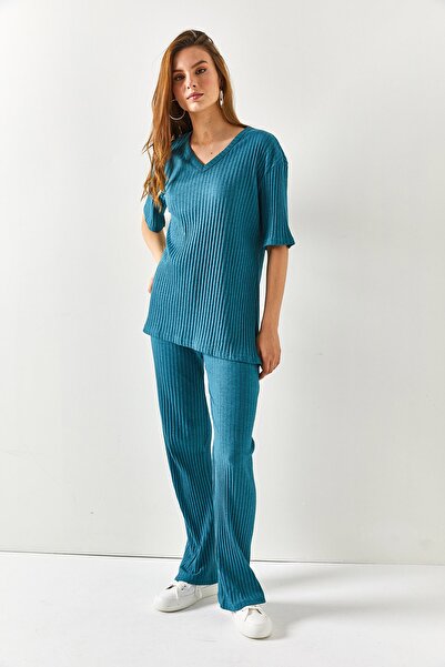 Olalook Damski garnitur w kolorze benzyny, z dekoltem w kształcie litery V i dołem, ze sznurkiem Palazzo TKM-19000212