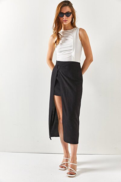 Olalook Női fekete 2 részes kiegészítő, részletes vászonszoknya ETK-19000248