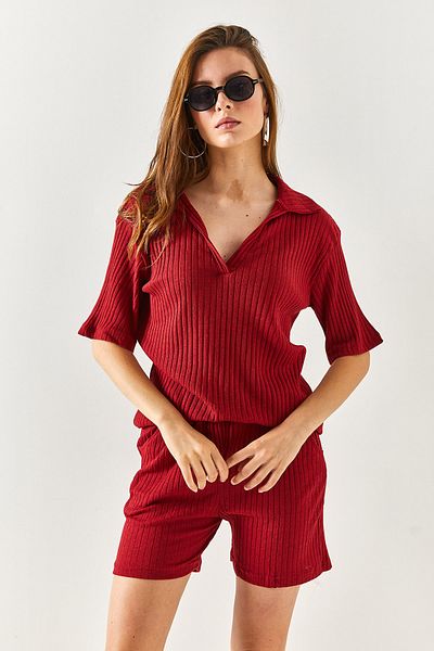 Olalook Női Claret Red Polo Gallér felső zseb rövidnadrág, bordás öltöny TKM-19000197