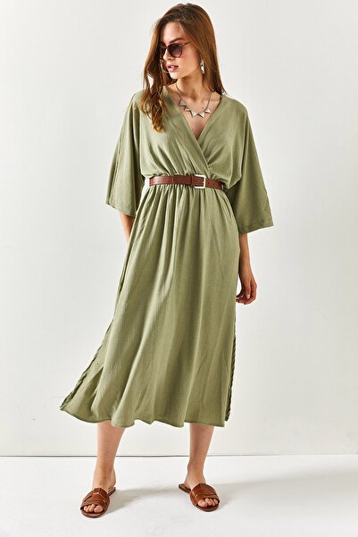 Olalook Γυναικείο Χακί Διπλό γιακά Σχισμές Νυχτερίδας στα Πλαϊνά Μίντι Φόρεμα ELB-19001931