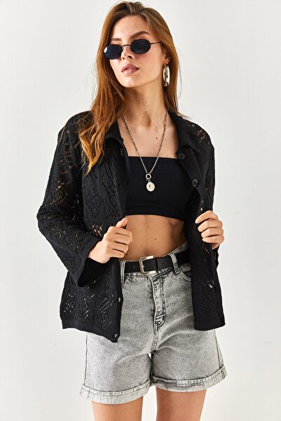 Olalook Kadın Siyah Gömlek Yakalı Düğmeli Ajurlu Pamuk Hırka HRK-19000227