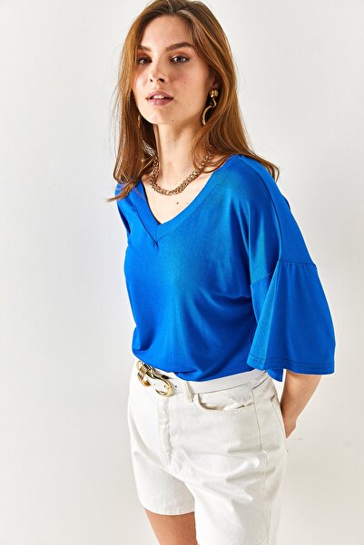 Olalook Γυναικεία Saks Μπλε μανίκι με V λαιμόκοψη Λεπτομερής πλεκτή μπλούζα Viscon BLZ-19001895