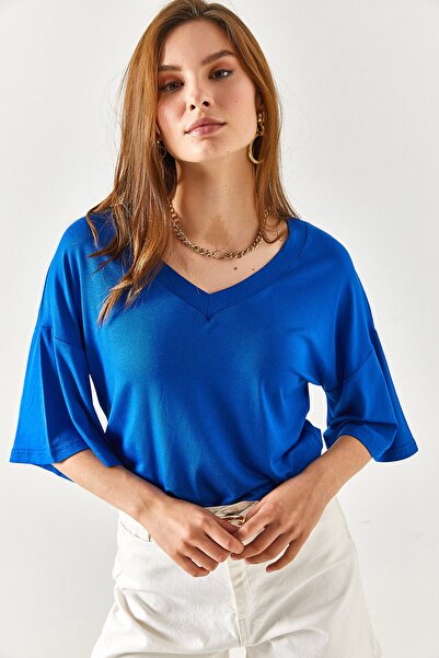 Olalook Γυναικεία Saks Μπλε μανίκι με V λαιμόκοψη Λεπτομερής πλεκτή μπλούζα Viscon BLZ-19001895