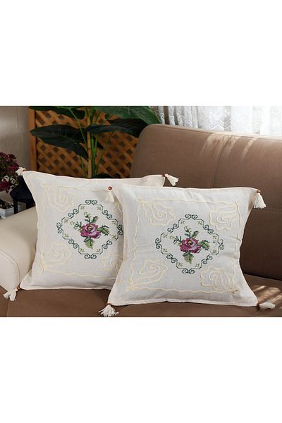 Yavuz Tekstil Cross Stitch Embroidered 2-Piece Throw Pillow Cover Rose Bunch-Purple Color