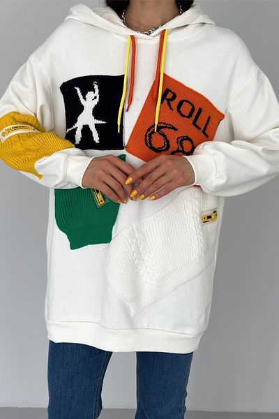 FEMELLE Women's White New Season Design Oversize Hooded Sweatshirt