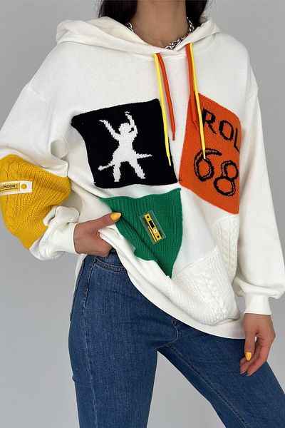 FEMELLE Women's White New Season Design Oversize Hooded Sweatshirt