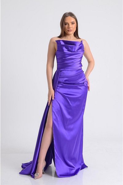 SpringStore Rochie de seara din satin cu fanta mov