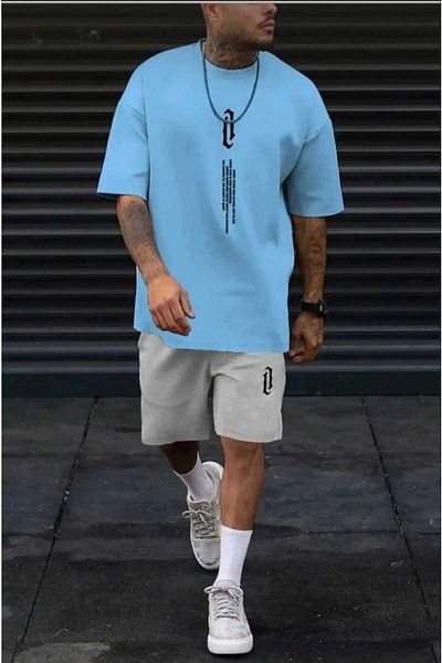Sky Light Men's Vertical Printed Oversize Gray Shorts Baby Blue T-Shirt Set