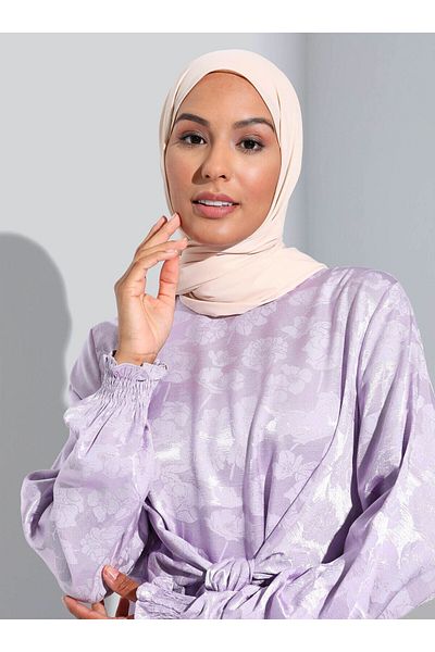 Refka Jacquard Satin Hijab Dress with Tie Waist Detail - Powder Lilac - Woman