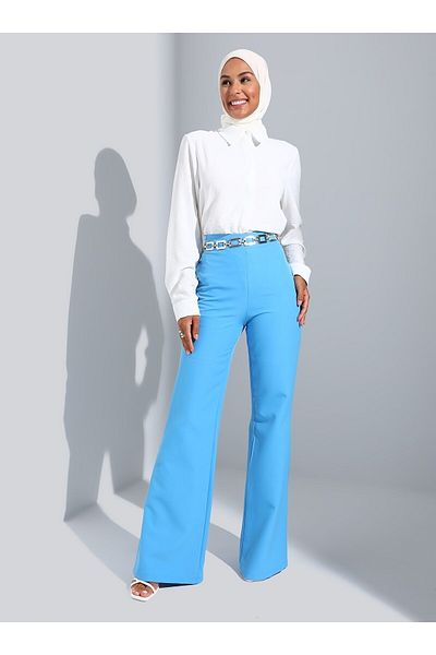 Refka Flared Leg Classic Fabric Trousers - Light Blue - Woman