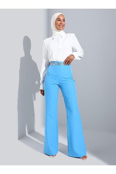 Refka Flared Leg Classic Fabric Trousers - Light Blue - Woman