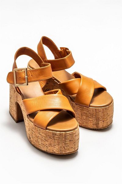 Elle Shoes Tan Leather Women's Heeled Sandals