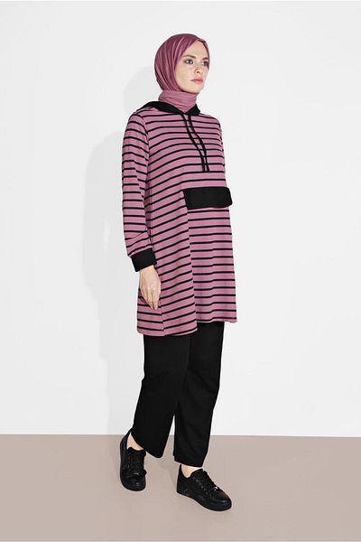 TRENDTESETTÜR Women's Pink (G.KURUSU) Striped Hooded Tracksuit 2426