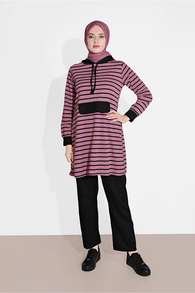 TRENDTESETTÜR Women's Pink (G.KURUSU) Striped Hooded Tracksuit 2426