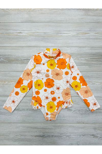 My Kids Wear Long Sleeve Flower Printed Ruffle Detailed Swimsuit