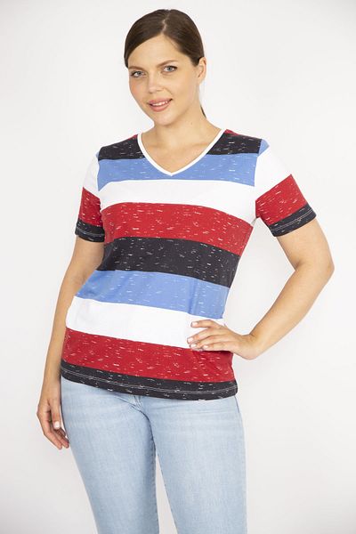 Şans Women's Colorful Large Size Cotton Fabric V-neck Short Sleeve Blouse 65n36511