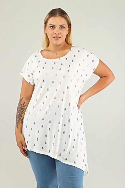 Seamoda Pineapple Print Detailed Side Tie Large Size Women's Daily Use Comfortable Stylish Tunic-ecru