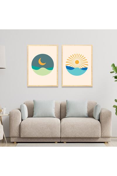 Dekorsiahome 2-dijelni set slika u drvenom okviru Boho Mesec Sunce