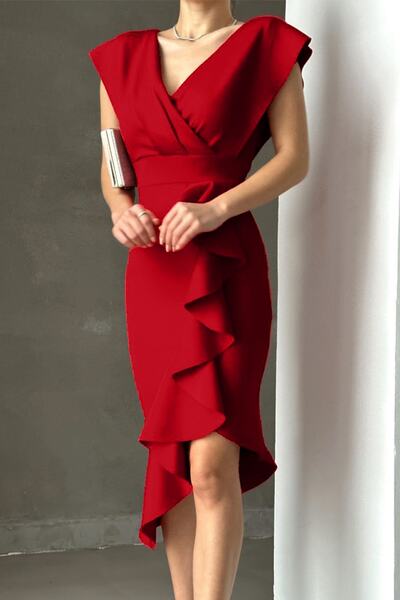 Vorre Scuba Kumaş Önü Fırfırlı Bordo Davet Elbisesi