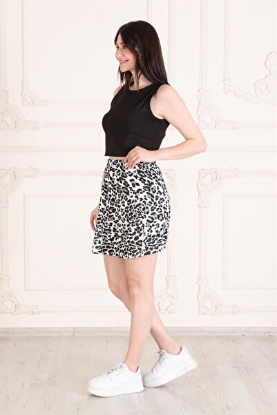 Seamoda Leopard Patterned Elastic Waist Pieced Mini Skirt