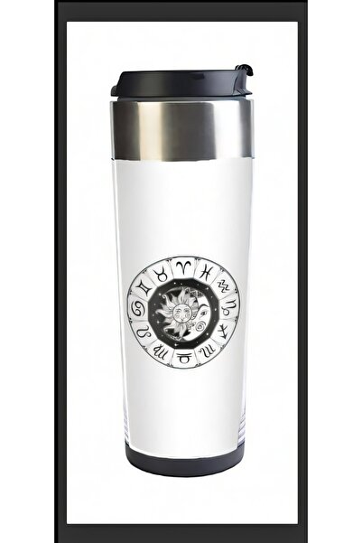 AstroloziShop Astroloji Zodiac Çemberi Baskılı Çelik Beyaz Termos