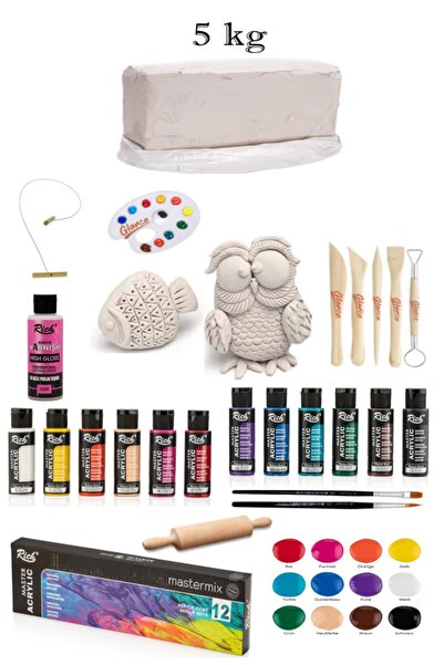 GLANCE Vakumlu Çamuru Beyaz 5 KG Rich Master Mix 60cc Akrilik 12'li Canlı Ren...