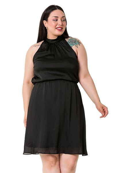 DISENTIS MODEST Rochie Neagră Mini Satinată Dimensiune Plus Gât, Talie Elastică