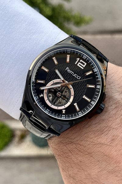 Ferrucci Black Color 3 ATM Waterproof Automatic Leather Cord Men's Wristwatch
