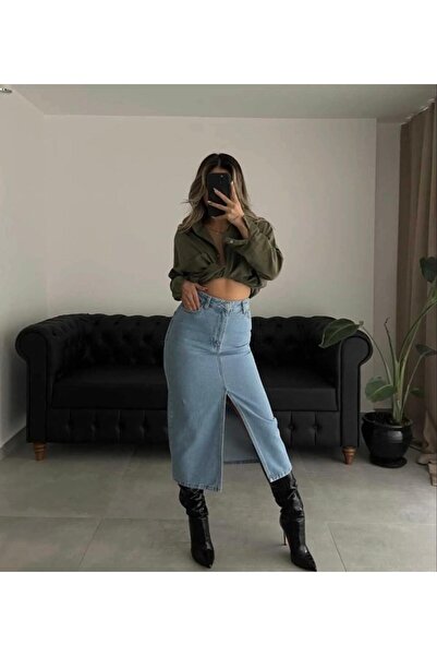 LAMİRAMOOD Джинсова спідниця міді з високою талією з розрізами ніжно-блакитного кольору