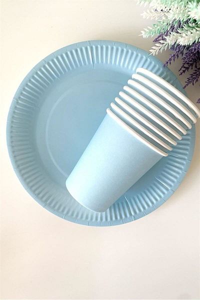 Parti Station Macaron Blue Color Pastel Baby Blue Paper Plate Cup Set 16 Pieces Pink Green Blue Salmon Color