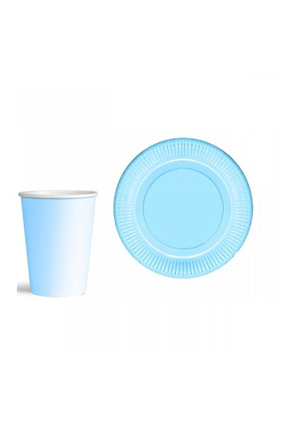 Parti Station Macaron Blue Color Pastel Baby Blue Paper Plate Cup Set 16 Pieces Pink Green Blue Salmon Color
