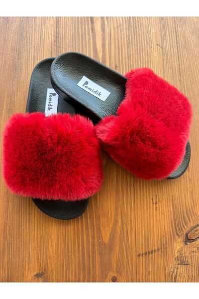 Pomidik Women's Burgundy Soft Loose Furry Summer House Slippers