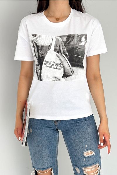 FEMELLE Tricou alb din bumbac imprimat nou sezon pentru femei