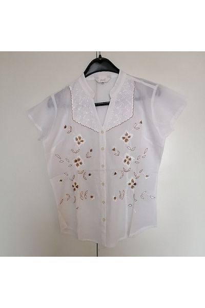 Next Authentic cotton white bronze glitter yarn floral embroidery buttoned slim collar scallop added blouse Made in India