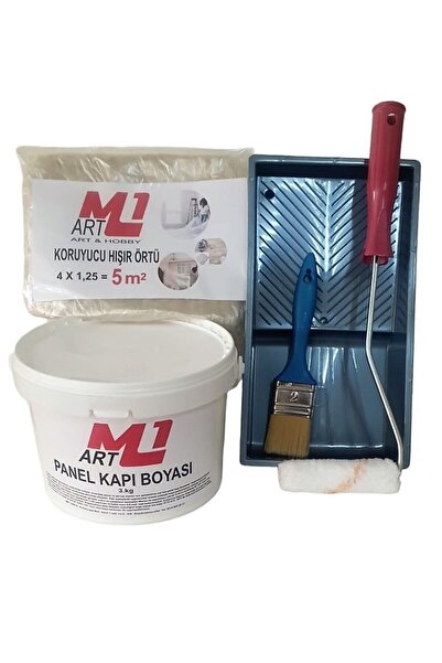 m1 art Beyaz Su Bazlı Panel Kapı Boyası 3KG Tava+Rulo+Örtü +Fırça -SET