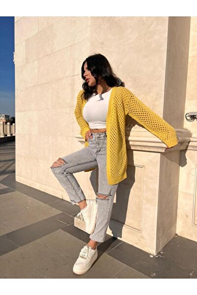 Dier Moda KADIN TRİKO FİLELİ DELİKLİ OVERSİZE HIRKA