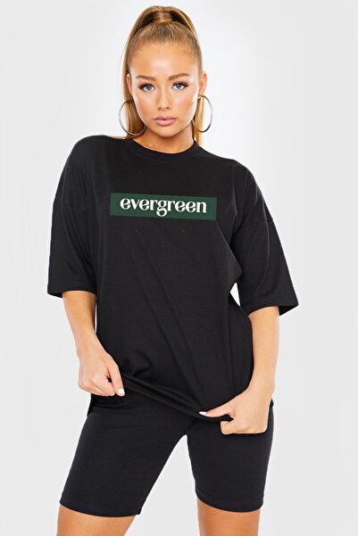 Rokeby Tricou negru cu imprimeu Evergreen din bumbac pieptănat