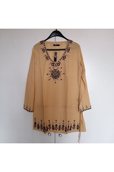 Butik Tülin Otantik pamuk bej çok renkli boncuk pul payet el işi yoğun nakışl...