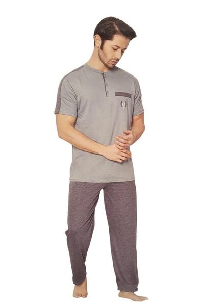 Estiva Patlı Sıfır Yaka Pamuklu Kısa Kol Erkek Pijama Takım