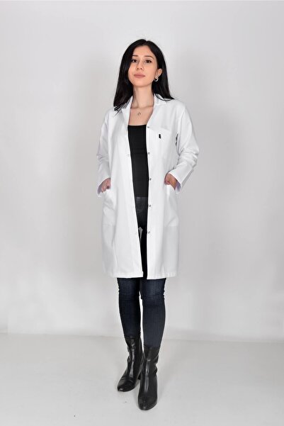 Beyaz Ceket Yaka Uzun Kol Uzun Boy Doktor Öğremen Kadın Çıtçıtlı Dar Kesim Önlük