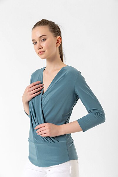 Laranor Nil Yeşili Kruvaze Kesim Truvakar Kol Bluz