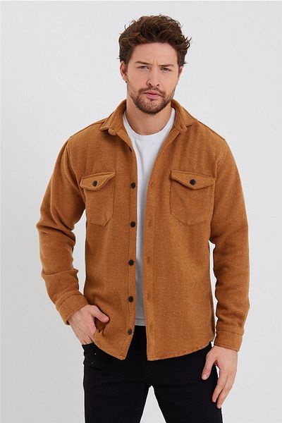 Tarz Cool Ανδρικό μουστάρδα διπλό κάλυμμα τσέπης Slim Fit Lumberjack πουκάμισο-odg001r9502s