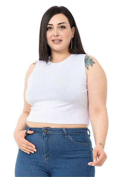 DISENTIS MODEST Plus Size Crew Neck Sleeveless Crop Viscose White Body