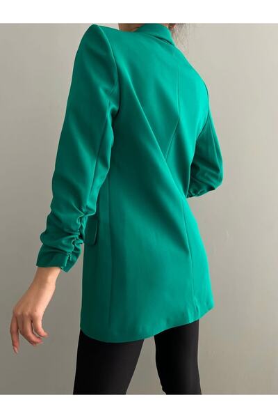 Elizar Moda Benetton Yeşili Atlas Kol Büzgü Detaylı Blazer Ceket