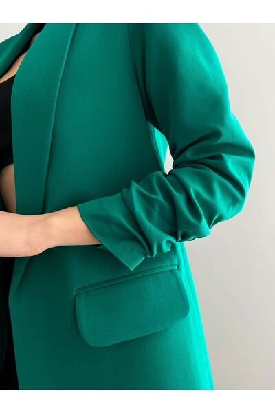 Elizar Moda Benetton Yeşili Atlas Kol Büzgü Detaylı Blazer Ceket