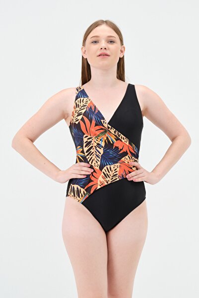 vawensea Kadın Renkli Desenli Kruvaze Mayo Turuncu