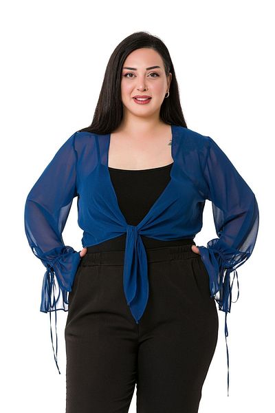 DISENTIS MODEST Plus Size Sleeve Detailed Tied Front Chiffon Navy Blue Bolero