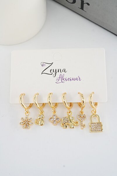 By Zeyna Aksesuar Kadın Karışık Figürlü Zirkon 6'lı Set Küpe