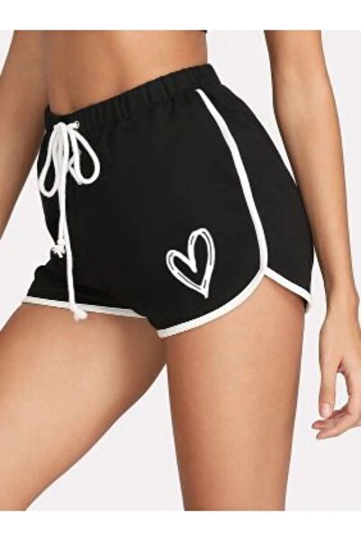 ORLONTEX Mini pantaloni scurti de damă cu imprimeu inimă neagră, cu detaliu d...